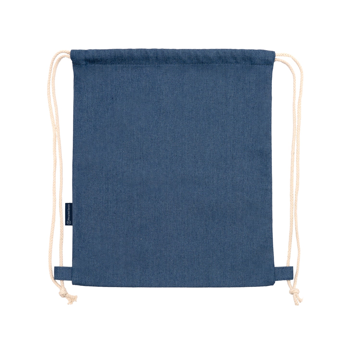 Zaino con coulisse in denim riciclato con cordoncini in cotone effetto jens da 8 mm.