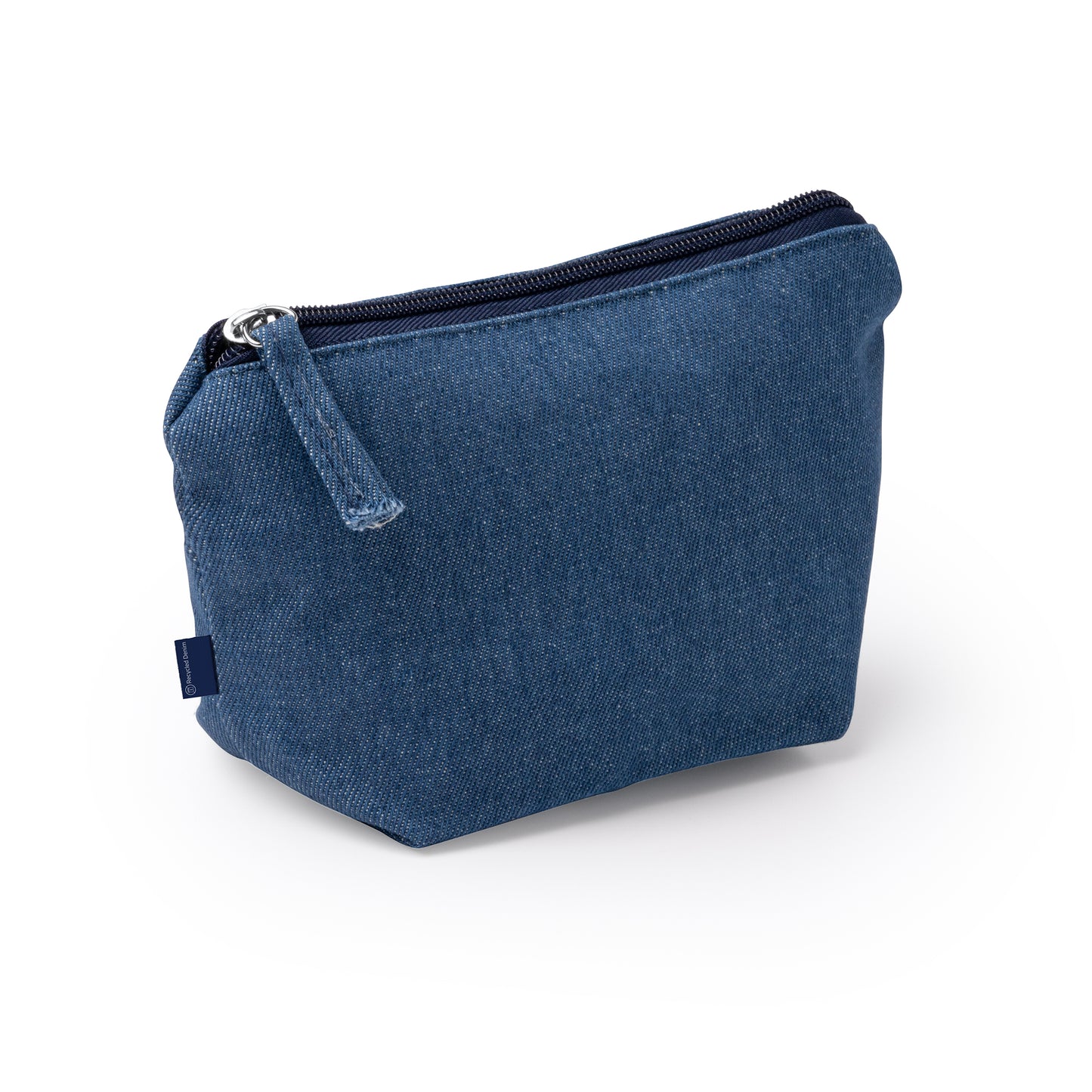 pochetta in denim riciclato effetto jens con chiusura a cerniera abbinata.