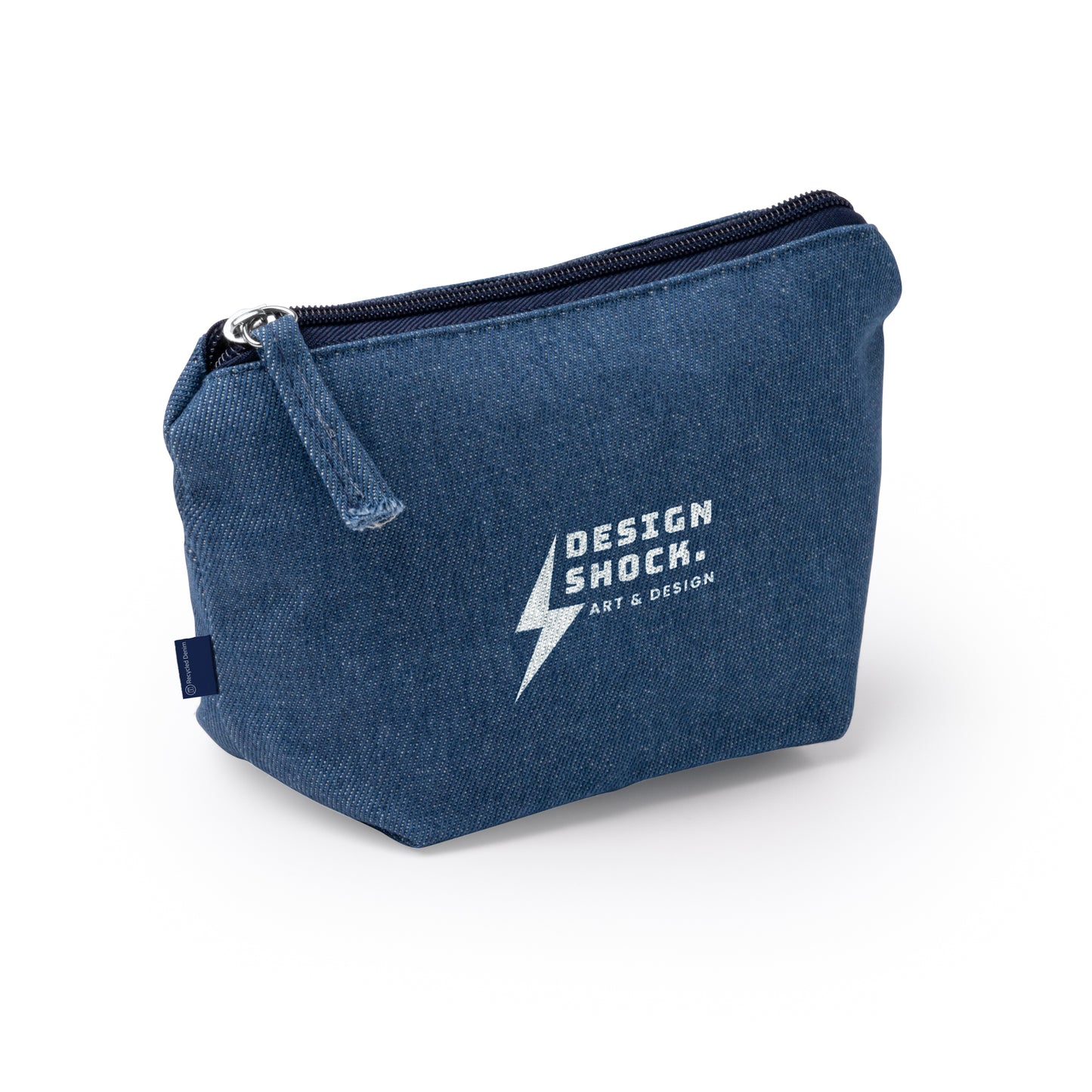 pochetta in denim riciclato effetto jens con chiusura a cerniera abbinata.
