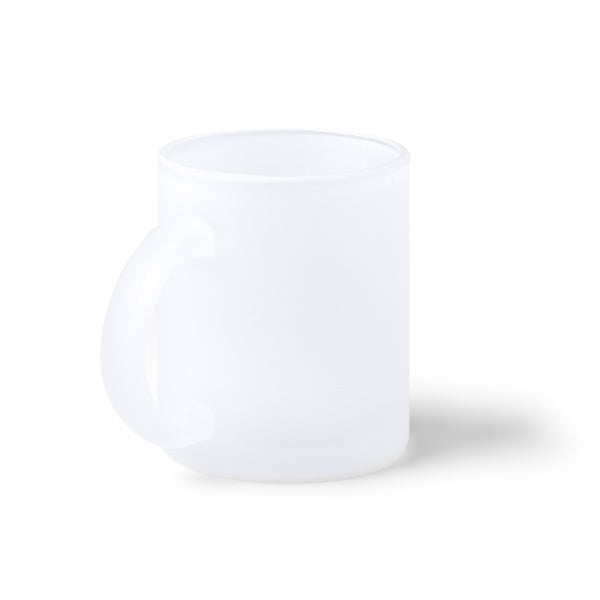 Tazza in vetro da 350 ml con finitura glassata. Specifica per la sublimazione. Confezione in scatola.