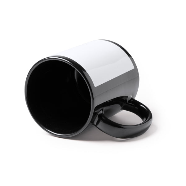 Tazza nera in ceramica da 350 ml , specifica per la sublimazione. Confezione in scatola bianca.