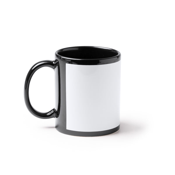 Tazza nera in ceramica da 350 ml , specifica per la sublimazione. Confezione in scatola bianca.