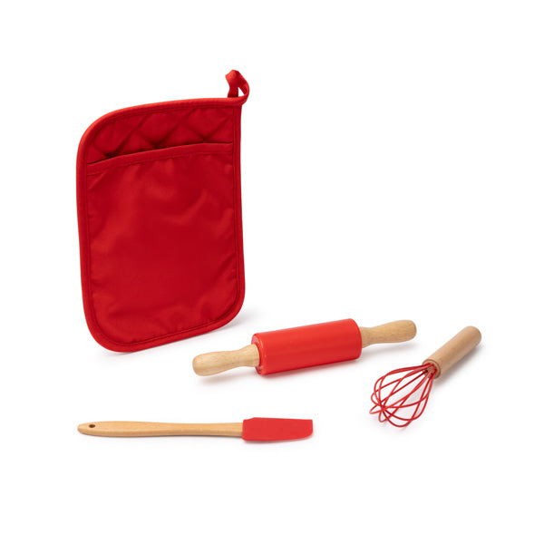Set da cucina composto da 3 elementi per preparare biscotti fatti in casa. Include mattarello, frusta e spatola con decorazioni natalizie. Include un guanto multiuso per riporre gli utensili.