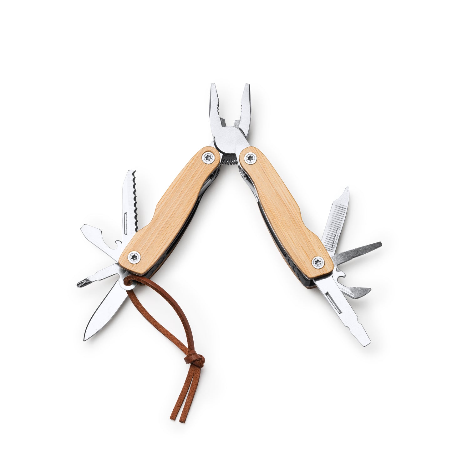 Utensile multiuso con corpo e accessori in acciaio inox e impugnatura in bambù. 12 funzioni