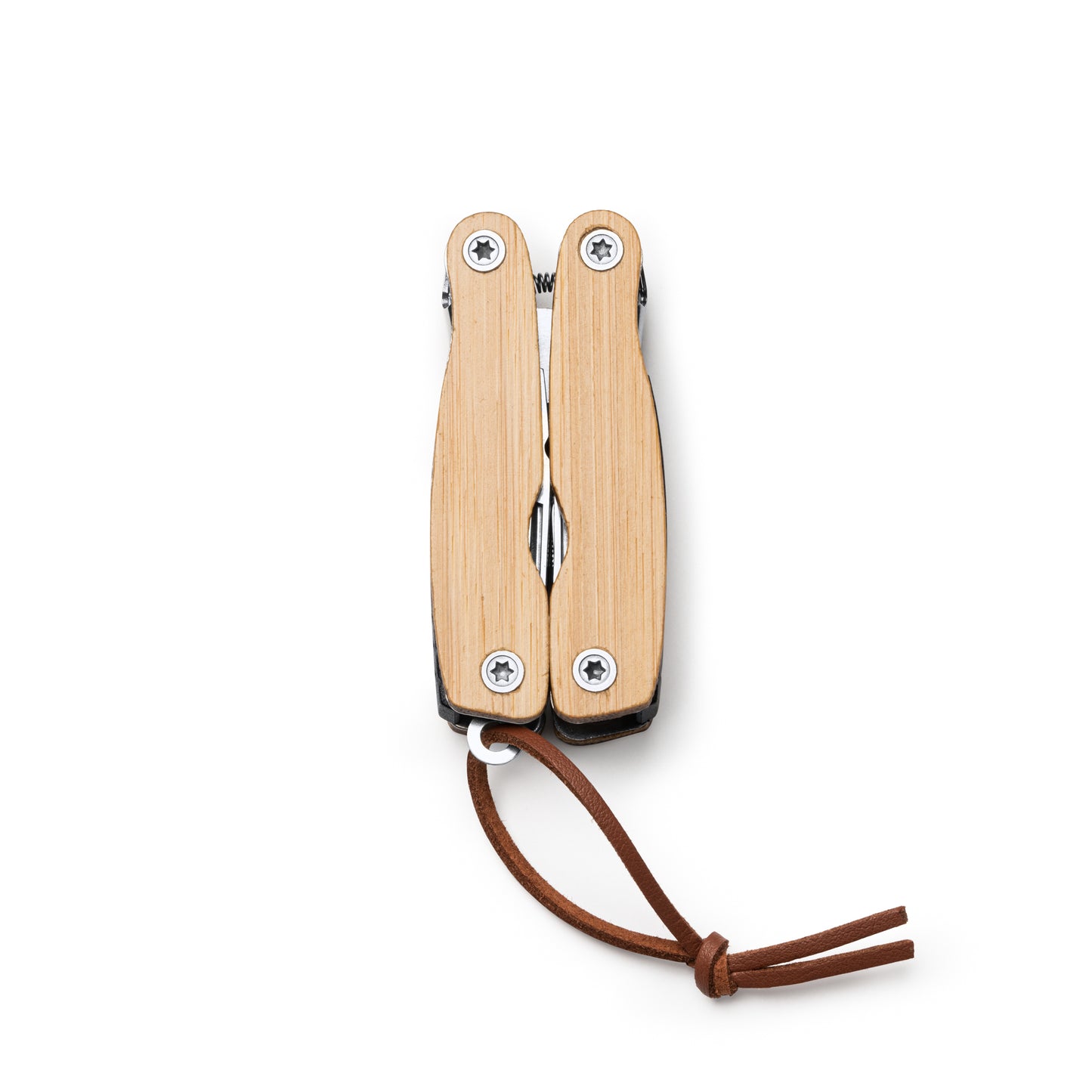 Utensile multiuso con corpo e accessori in acciaio inox e impugnatura in bambù. 12 funzioni