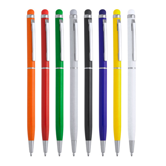 Penna a sfera con meccanismo a torsione in alluminio, con pennino touchscreen con lo stesso colore del corpo della penna. Inchiostro blu.