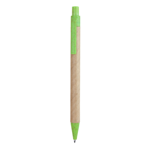 Penna a sfera con meccanismo a scatto realizzata in cartone riciclato. Con punta e clip in fibra di grano e ABS. Inchiostro blu.