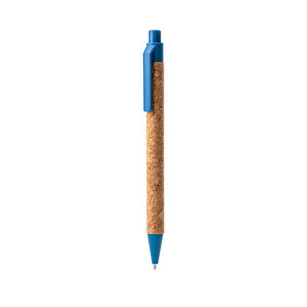 Penna a sfera linea Nature con corpo in sughero. Puntale, pulsante e clip in fibra di grano. Inchiostro blu.