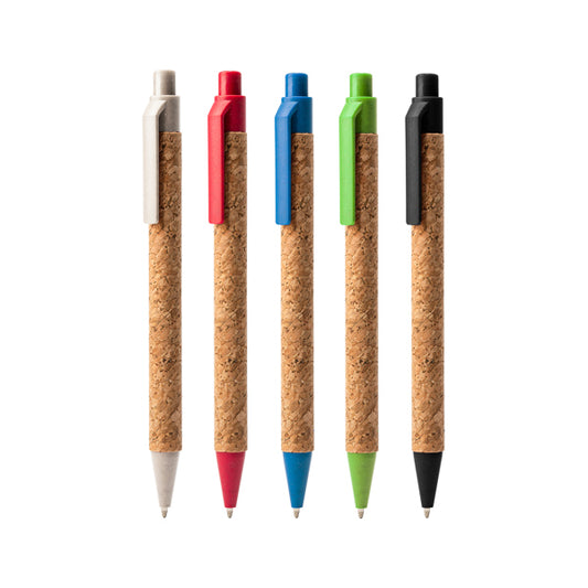 Penna a sfera linea Nature con corpo in sughero. Puntale, pulsante e clip in fibra di grano. Inchiostro blu.