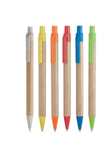 Penna a sfera con meccanismo a scatto realizzata in cartone riciclato. Con punta e clip in fibra di grano e ABS. Inchiostro blu.