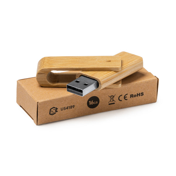 Chiavetta USB con corpo e clip girevole, realizzata in bambù naturale. Memoria: 16 GB.