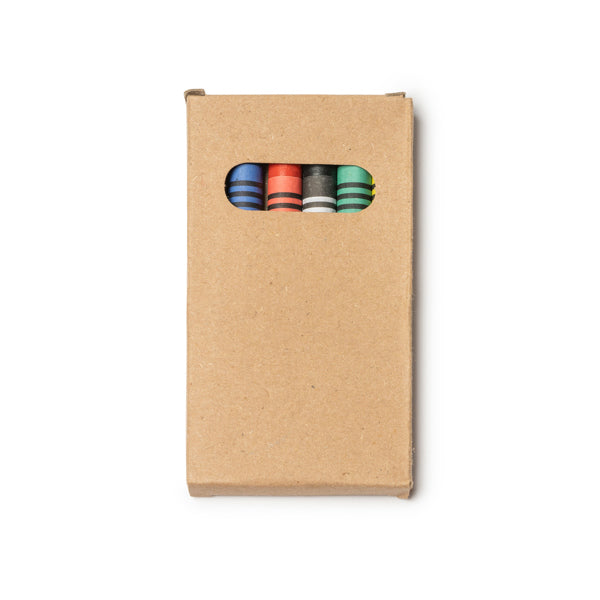 Set di 6 pastelli a cera colorati in scatola di cartone riciclato.