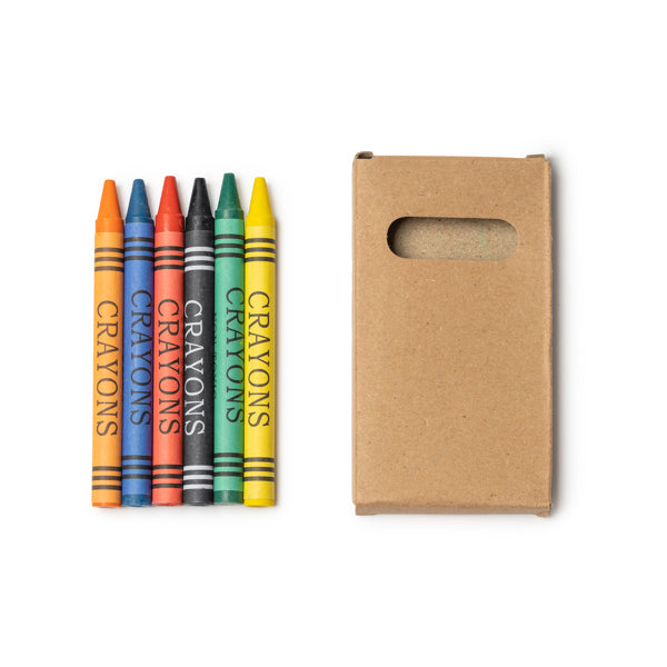 Set di 6 pastelli a cera colorati in scatola di cartone riciclato.