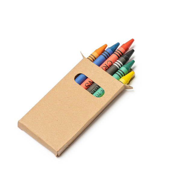Set di 6 pastelli a cera colorati in scatola di cartone riciclato.