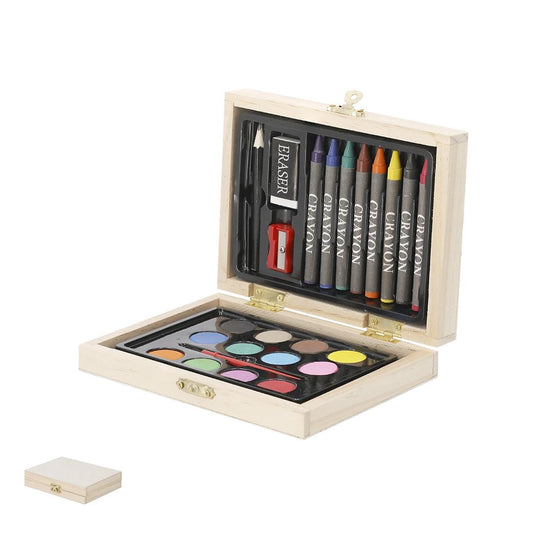 astuccio di legno per colorare, con chiusura e cerniere metalliche.