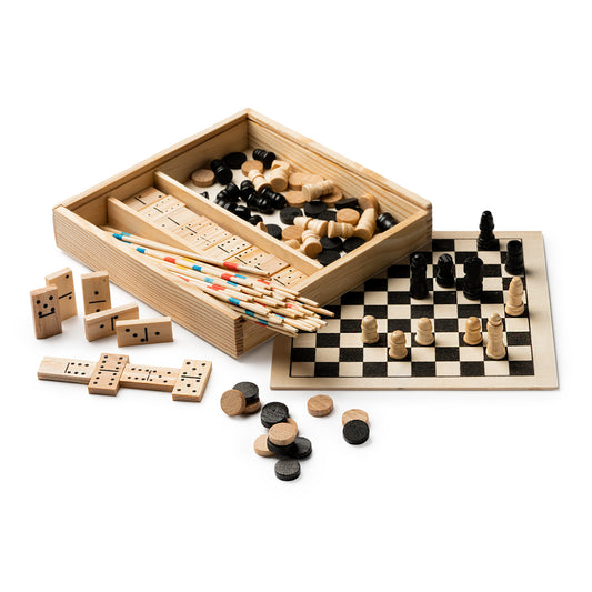 Set di 4 giochi di abilità: mikado, scacchi, dama e domino.