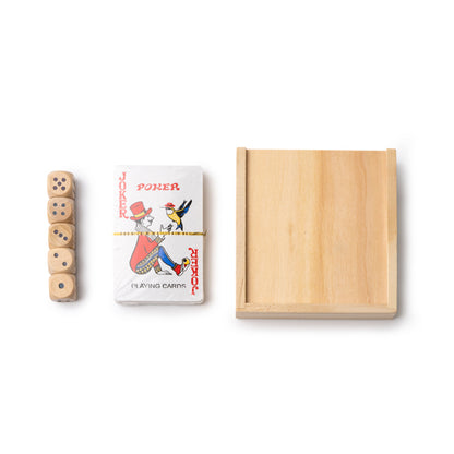 Set di 2 giochi da tavolo: mazzo di carte francesi e dadi.