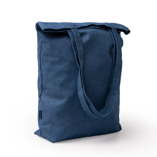 Borsa in denim riciclato con base. Effetto jens cotone Manici lunghi 70 cm.