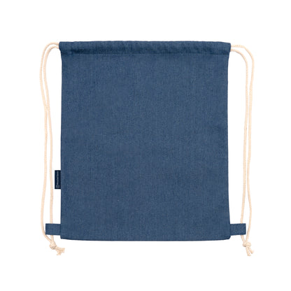 Zaino con coulisse in denim riciclato con cordoncini in cotone effetto jens da 8 mm.
