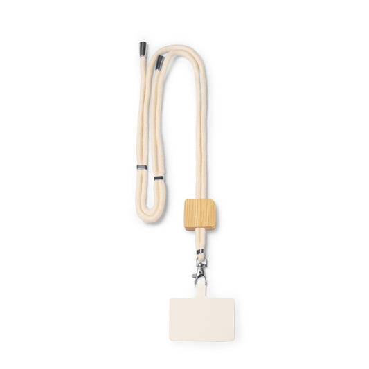 Porta cellulare in cotone con dettaglio in bambù e sistema di regolazione.