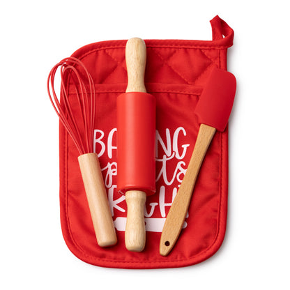 Set da cucina composto da 3 elementi per preparare biscotti fatti in casa. Include mattarello, frusta e spatola con decorazioni natalizie. Include un guanto multiuso per riporre gli utensili.