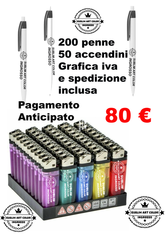 200  penne piu 60 accendini personalizzati