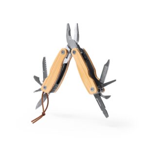 Utensile multiuso con corpo e accessori in acciaio inox e impugnatura in bambù. 12 funzioni