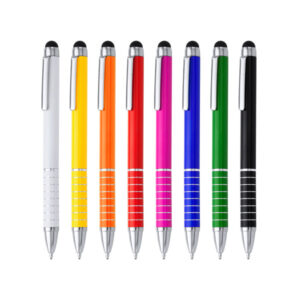 Penna a sfera con meccanismo a torsione in alluminio con pennino touchscreen in silicone. Inchiostro blu.